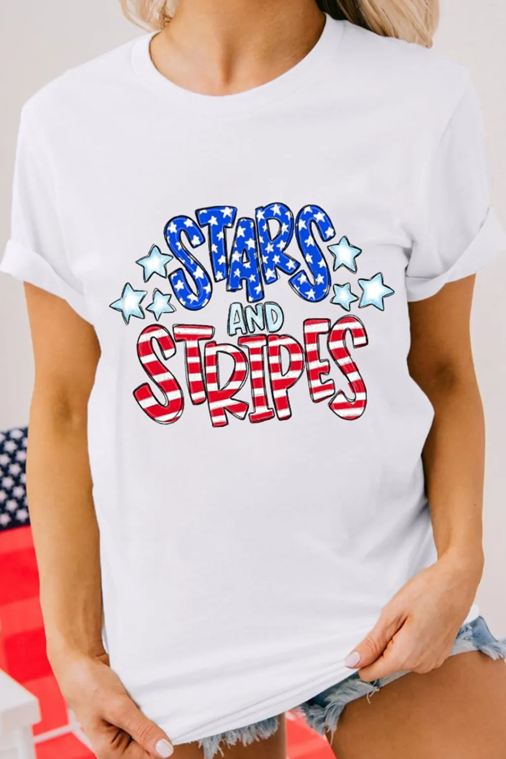 Stars and Stripes Round Neck Short Sleeve T Shirt, image 4
