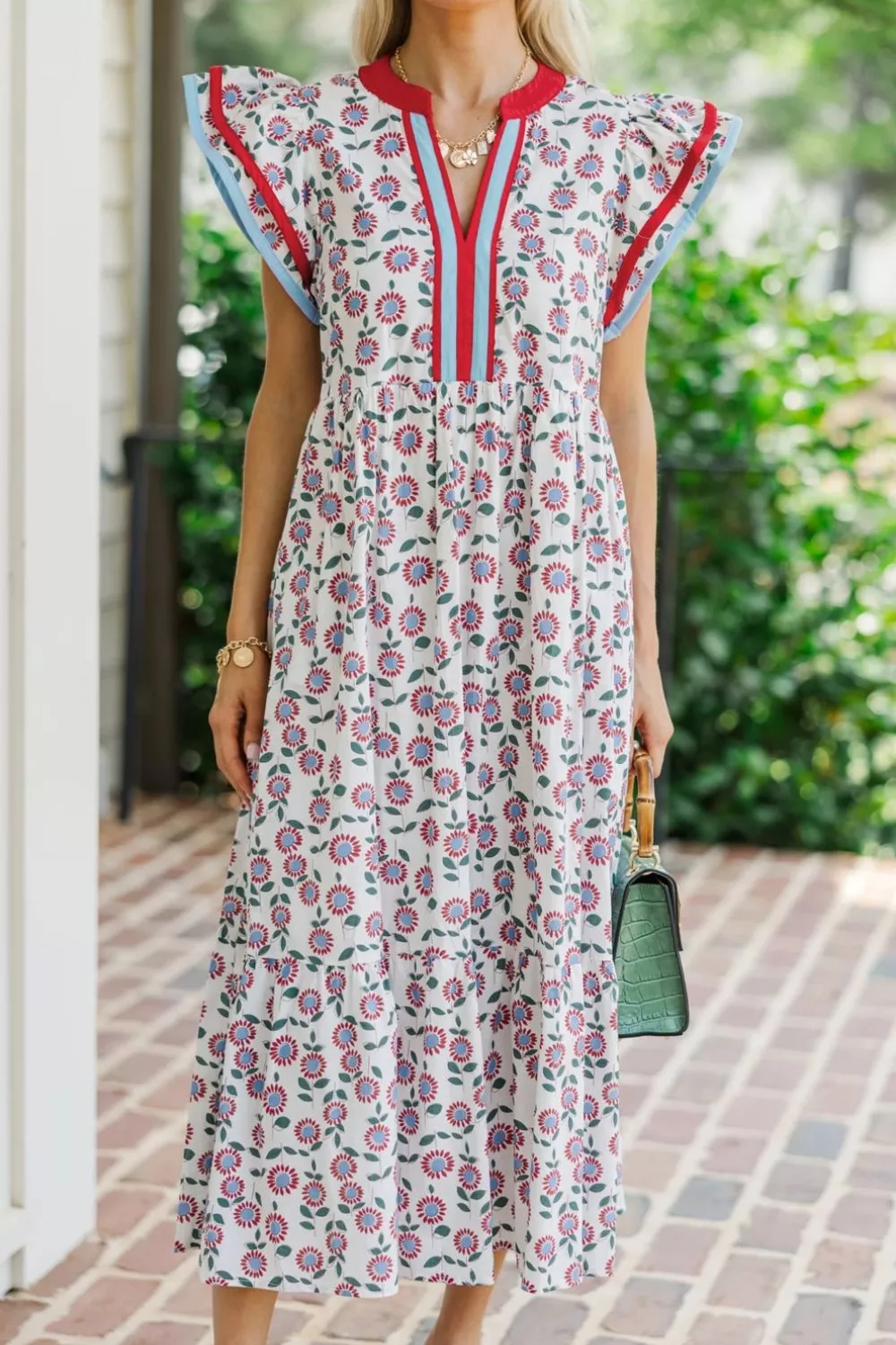 Floral Print Ruffle Sleeve Tiered Midi Dress, image 6