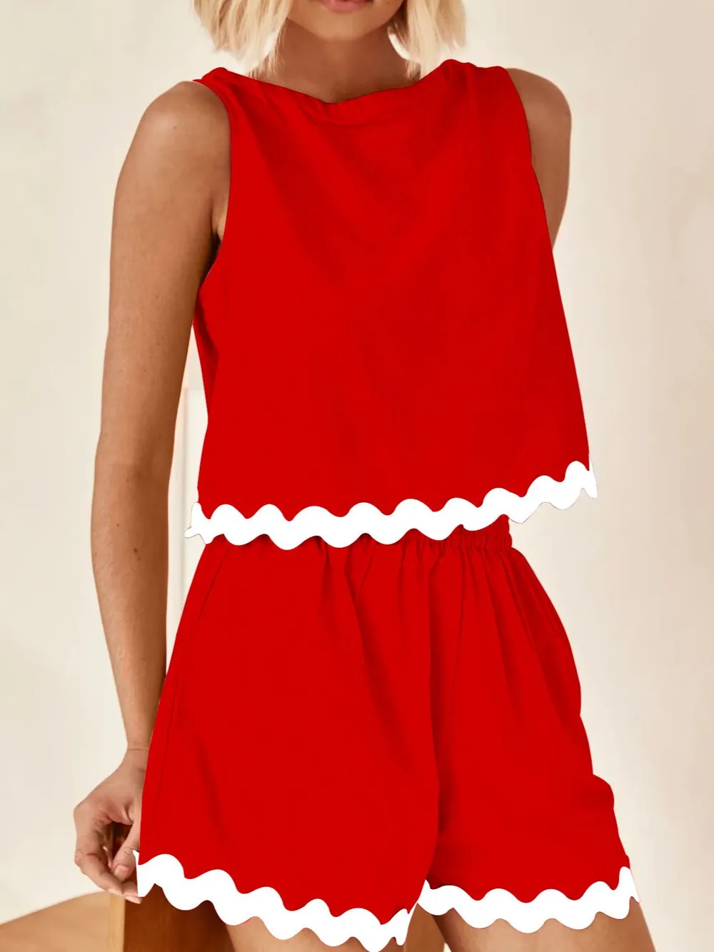 Contrast Trim Round Neck Tank and Shorts Set, image 8