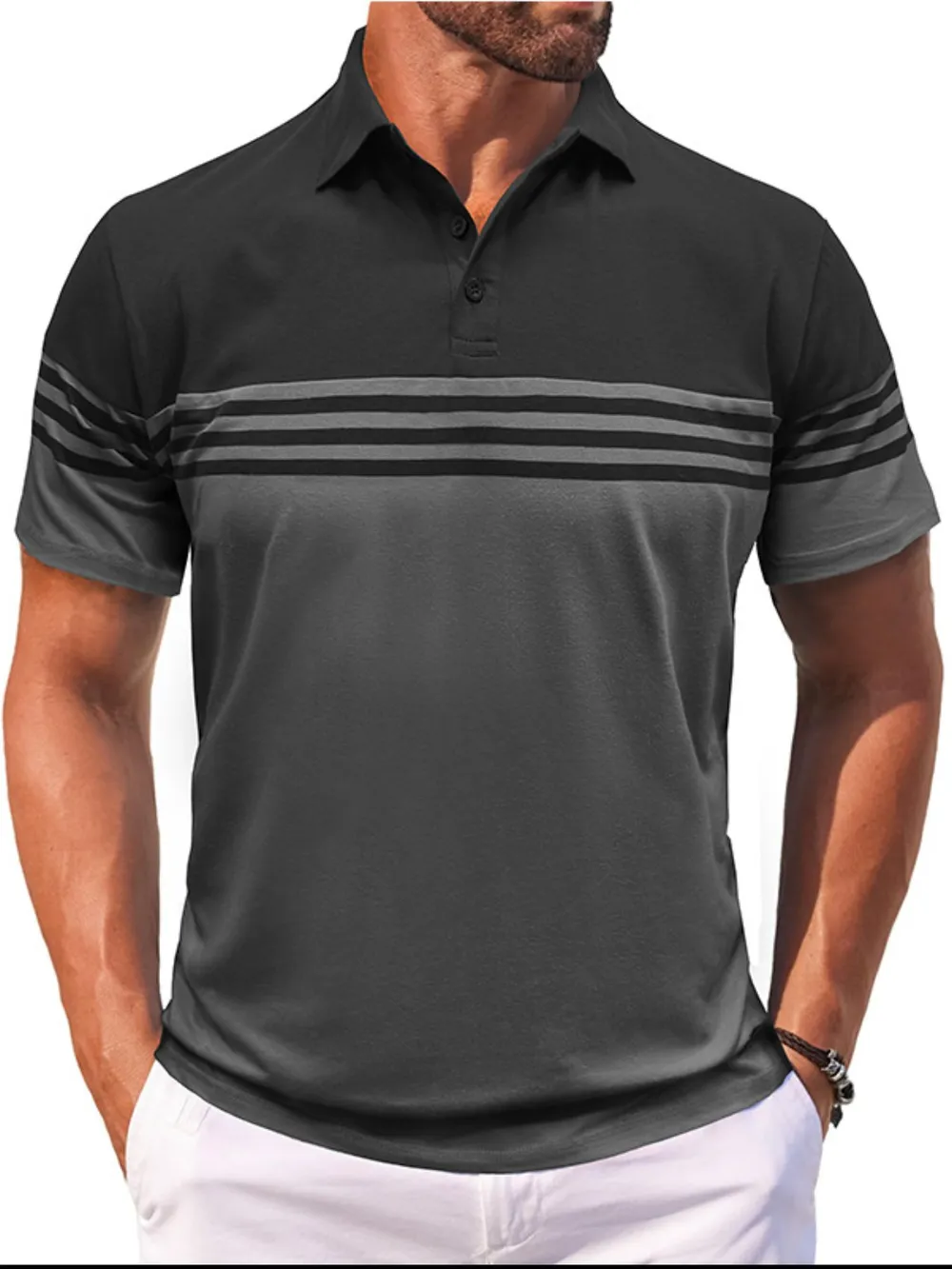 Men's Full Size Color Block Striped Polo Shirt Plus Size, image 2