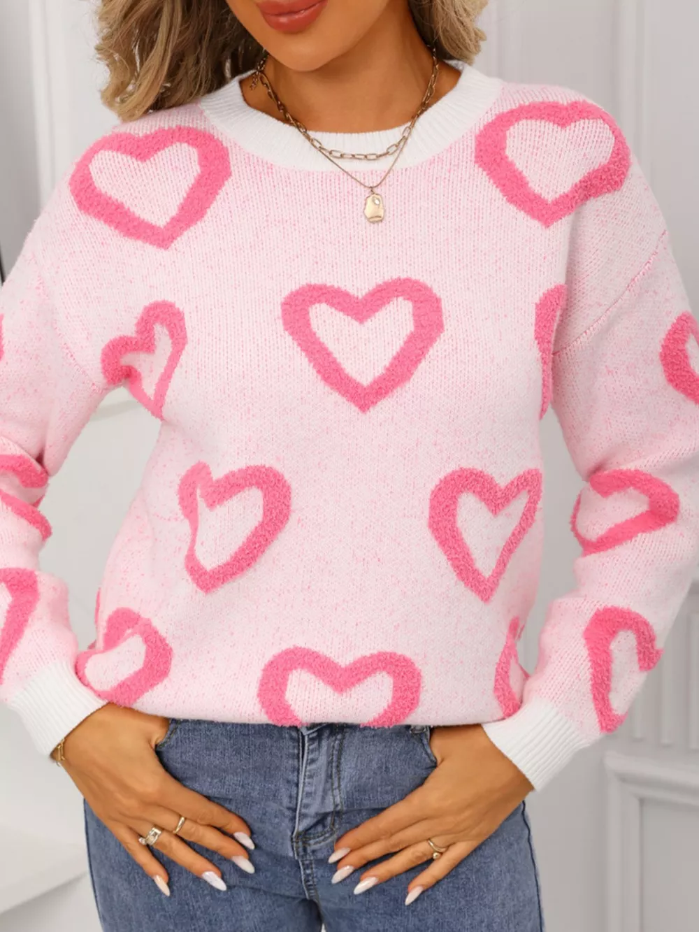 Valentine's Day Heart Pattern Round Neck Sweater, image 8