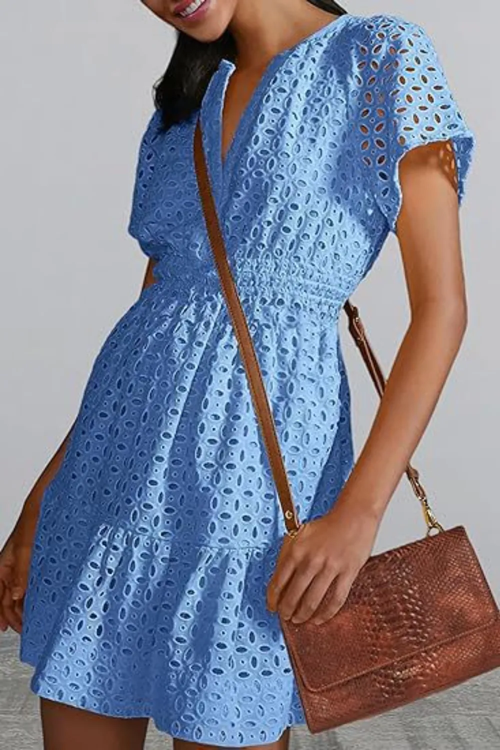 Eyelet Notched Short Sleeve Mini Dress, image 12