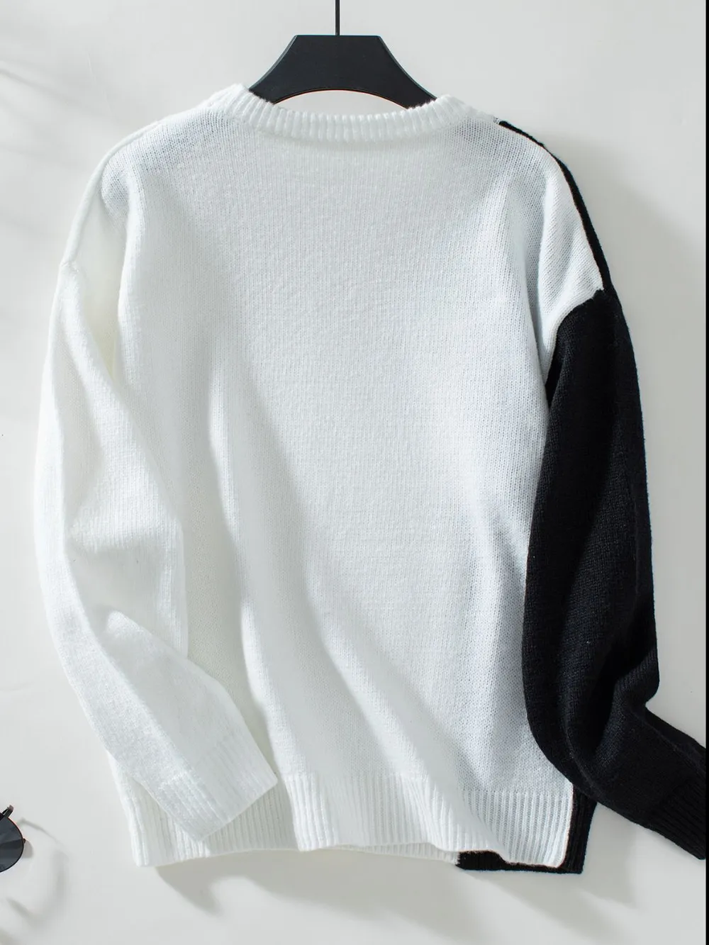 Two Tone Cable Knit Round Neck Long Sleeve Sweater, image 8
