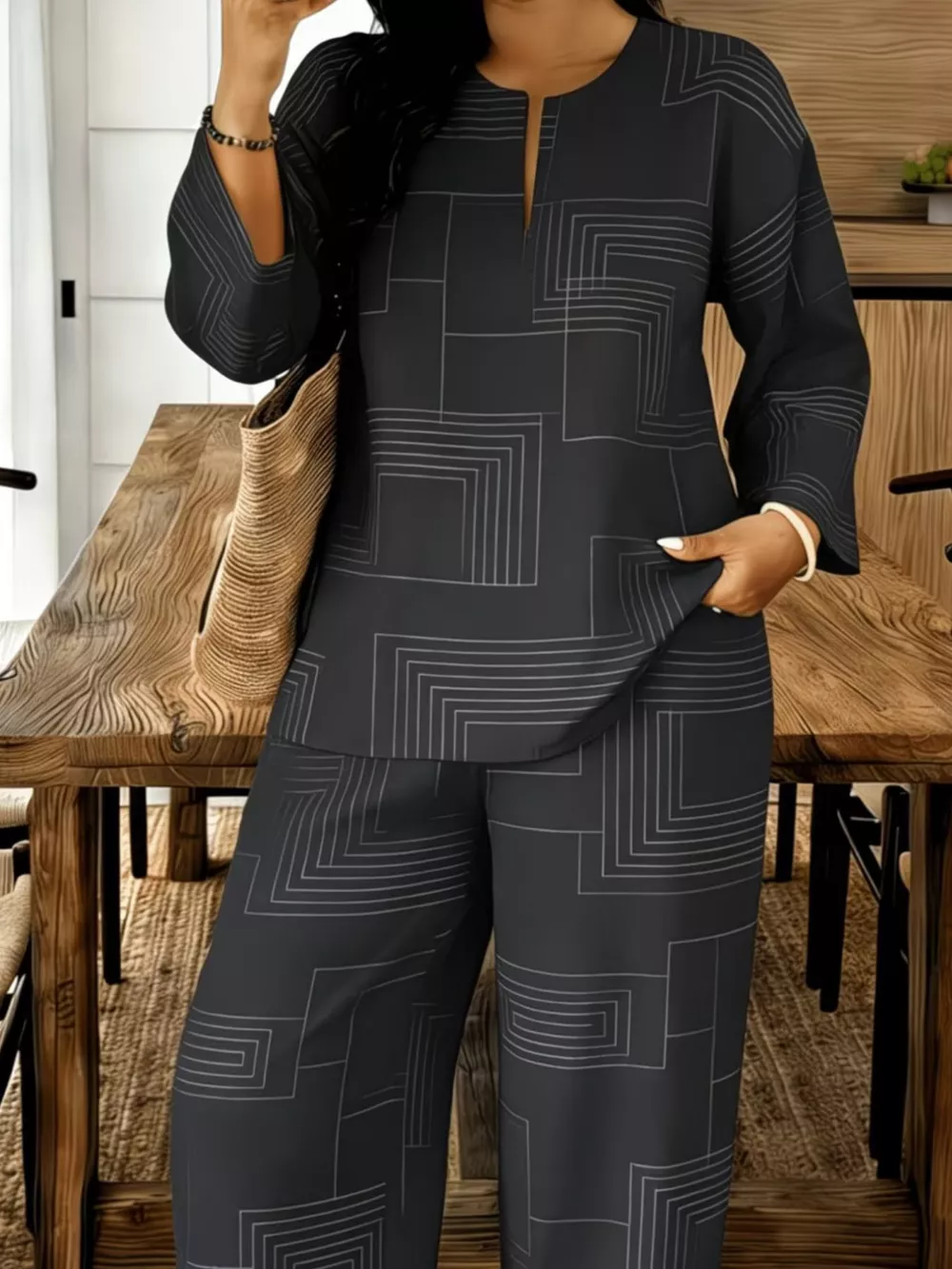 Geometric Print Relaxed Fit Top and Pants Set, image 5