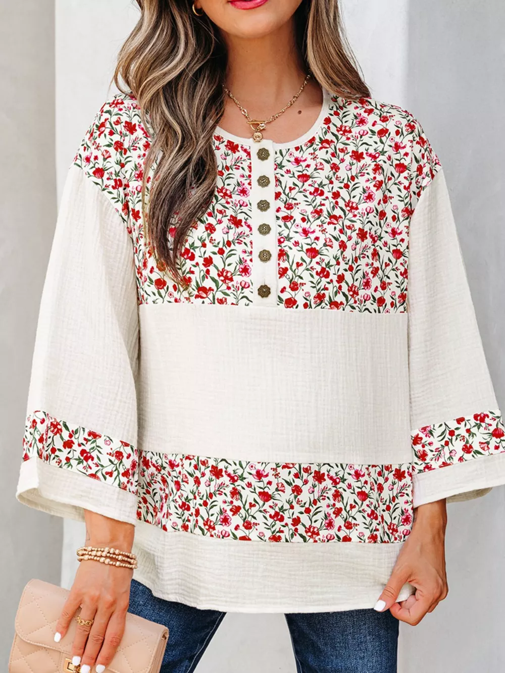 Floral Print Henley Button 3/4 Sleeve Blouse, image 5