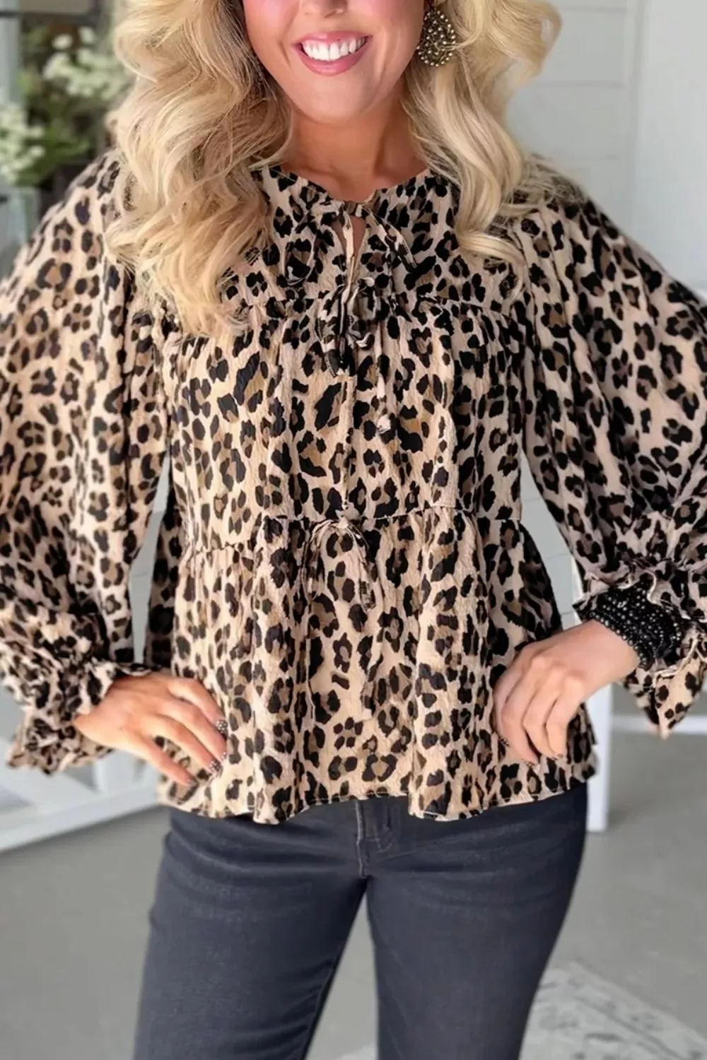Leopard Print Tie-Neck Blouse, image 3