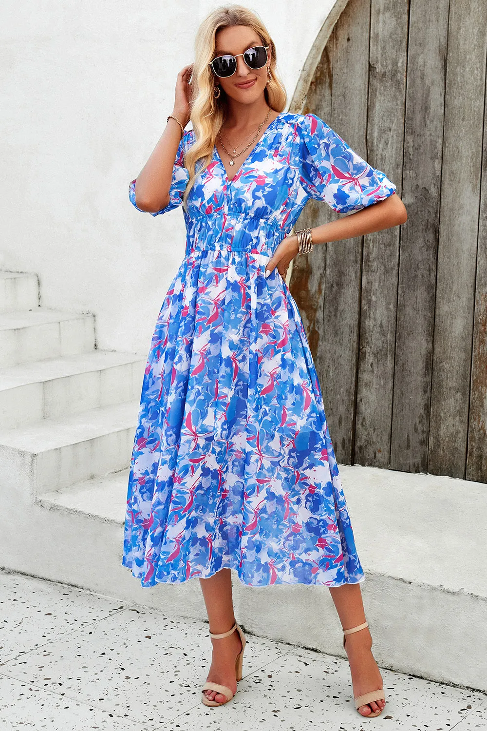 Smocked Printed V-Neck Short Sleeve Dress, image 8