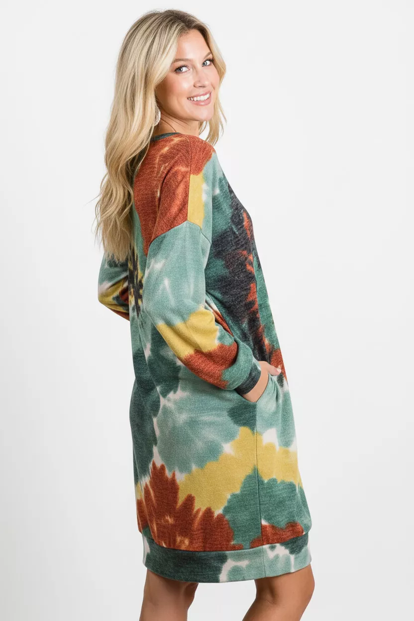 Tie Dye Print Knit Dress with Side Pocket, image 3
