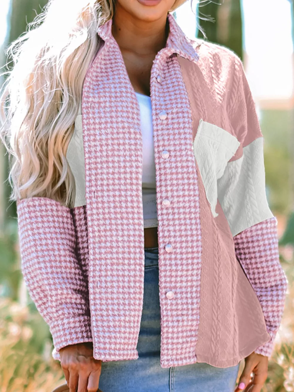Button Down Houndstooth Color Block Shacket, image 10