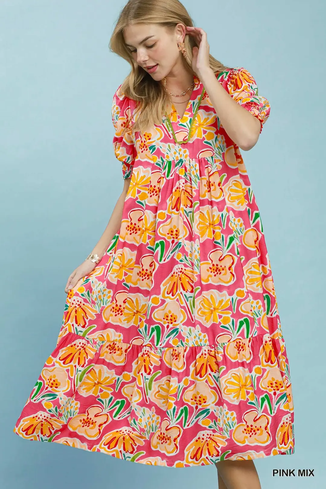 Floral Print Puff Sleeve Tiered Midi Dress