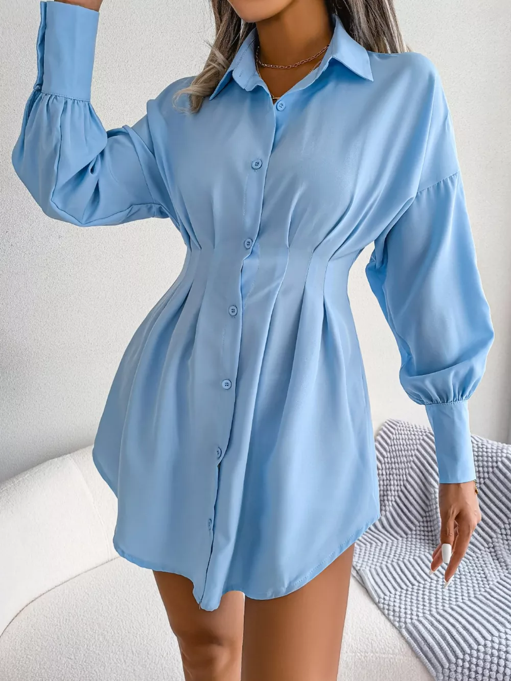 Elegant Button-Down Cinched Waist Mini Shirt Dress, image 4