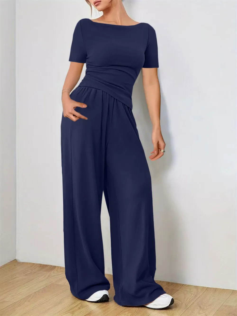 Round Neck Short Sleeve T-Shirt and Pants Set, image 2