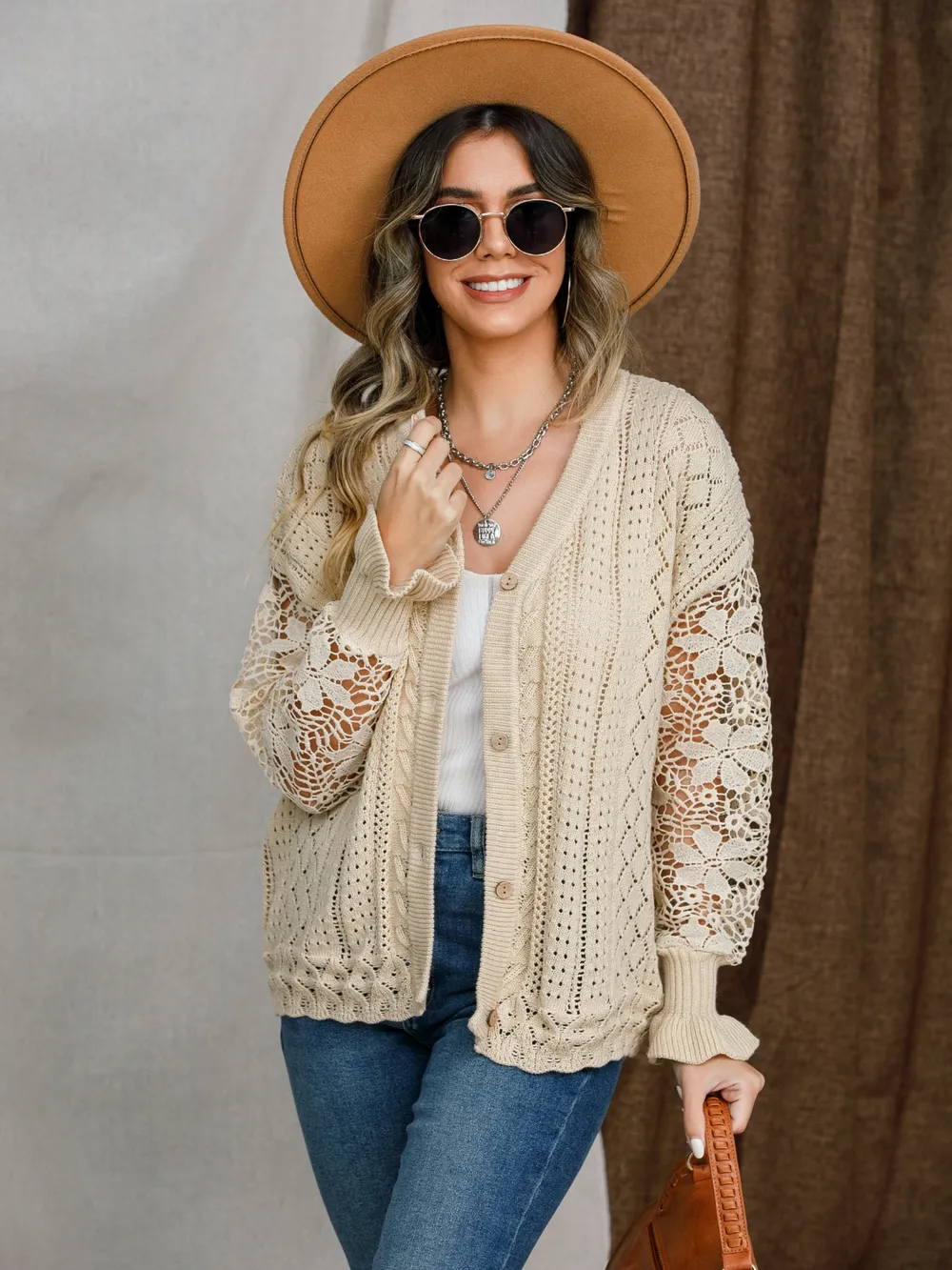 Eyelet Button Up Lantern Sleeve Cardigan, image 2