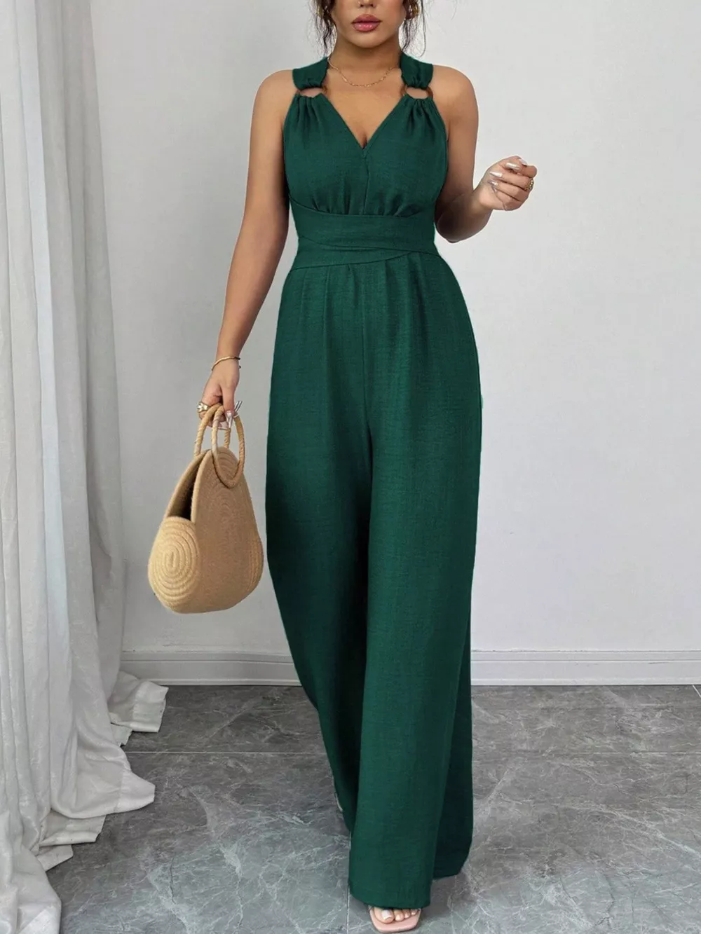 Sleeveless V-Neck Wide-Leg Jumpsuit with O-Ring Detail, image 13