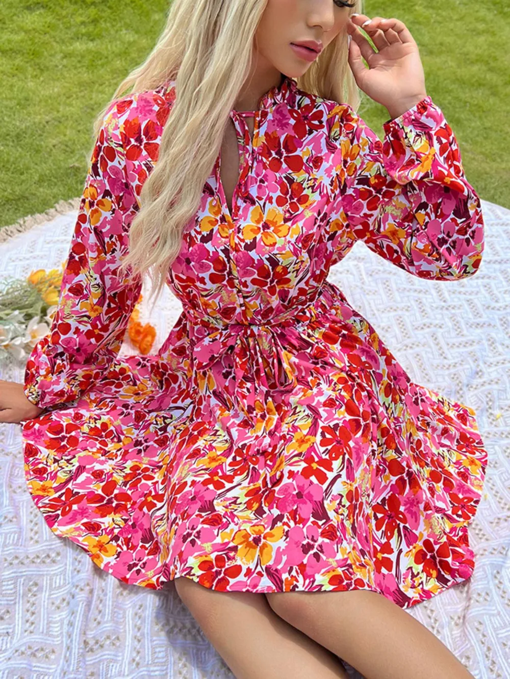 Tie Front Printed Long Sleeve Mini Dress, image 2