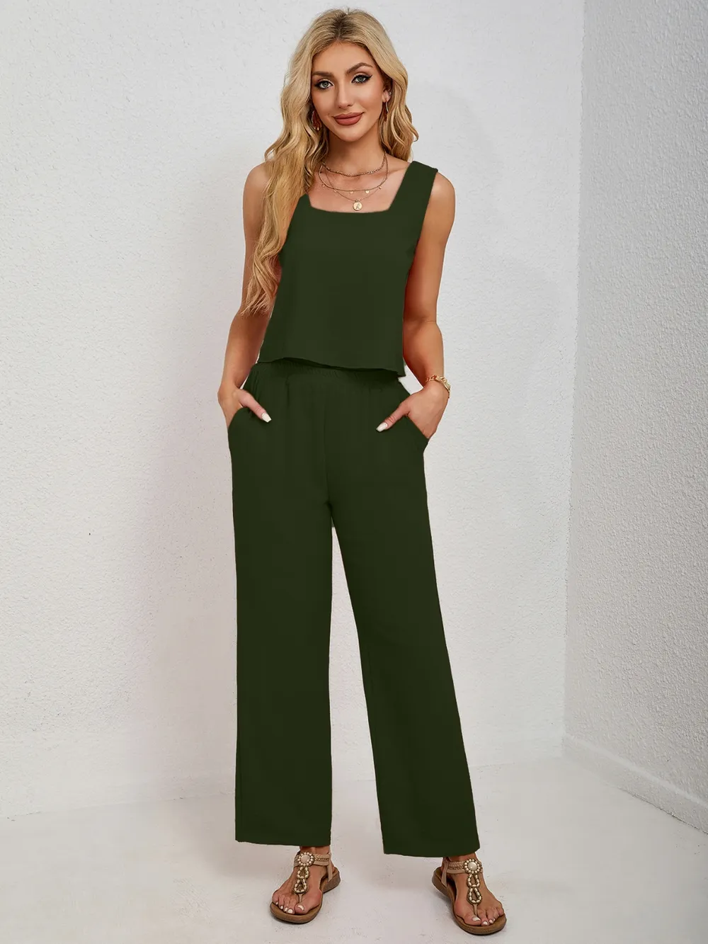 Square Neck Tank and Wide Leg Pants Set, image 12