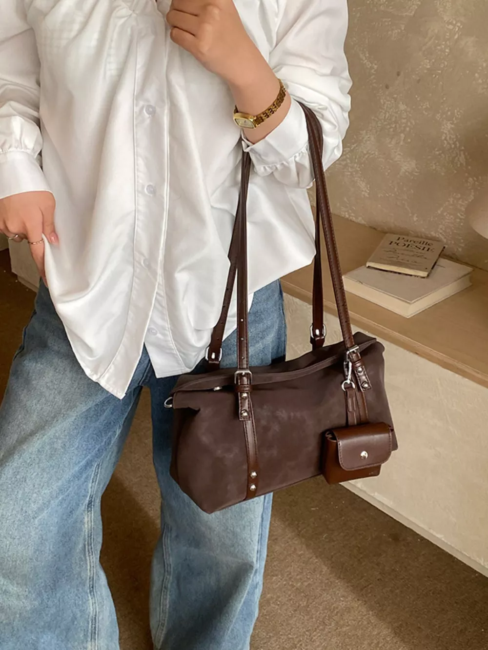 Leather Shoulder Bag with Detachable Pouch, image 3