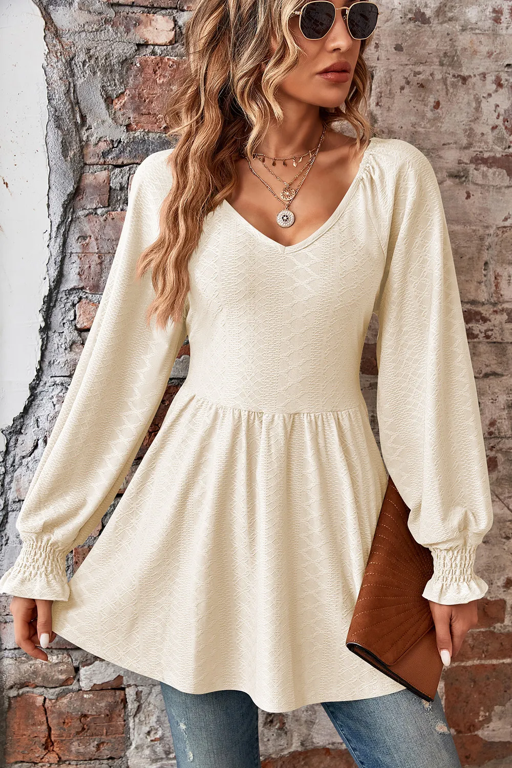 Peplum V-Neck Long Sleeve Blouse, image 17