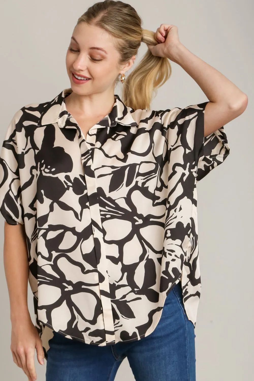 Full Size Two Tone Print Button Down Top with Hidden Plackets Plus Size, image 2