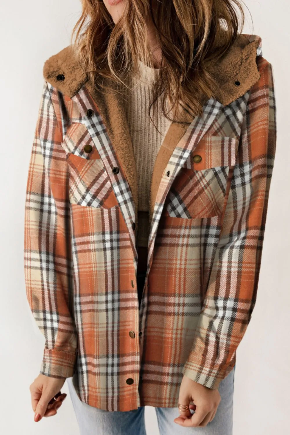 Plaid Button Up Long Sleeve Hooded Jacket, image 2