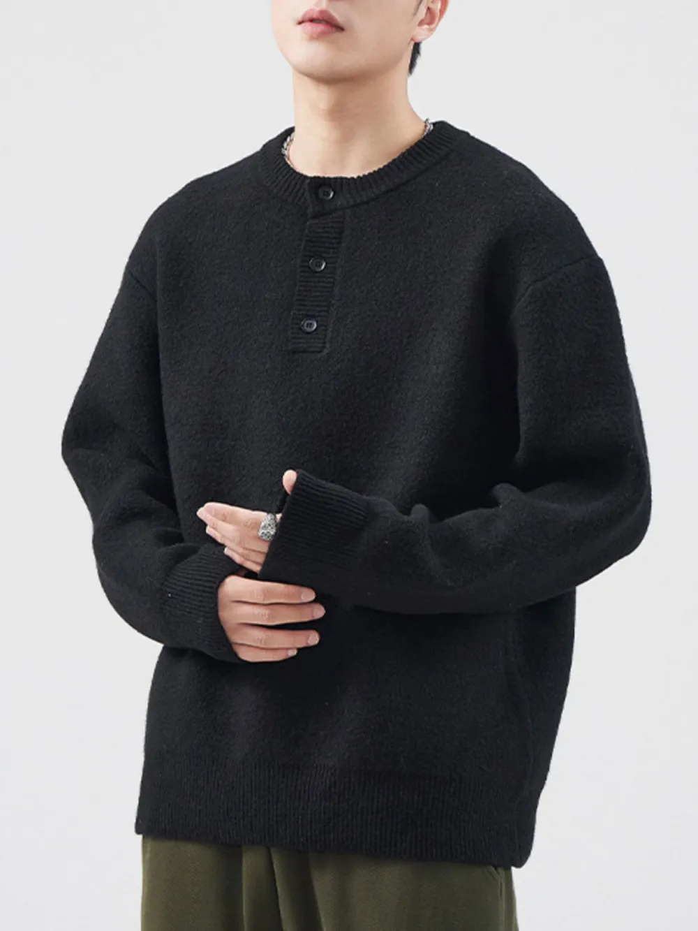 Men's Plus Size Button Detail Ribbed Hem Sweater
