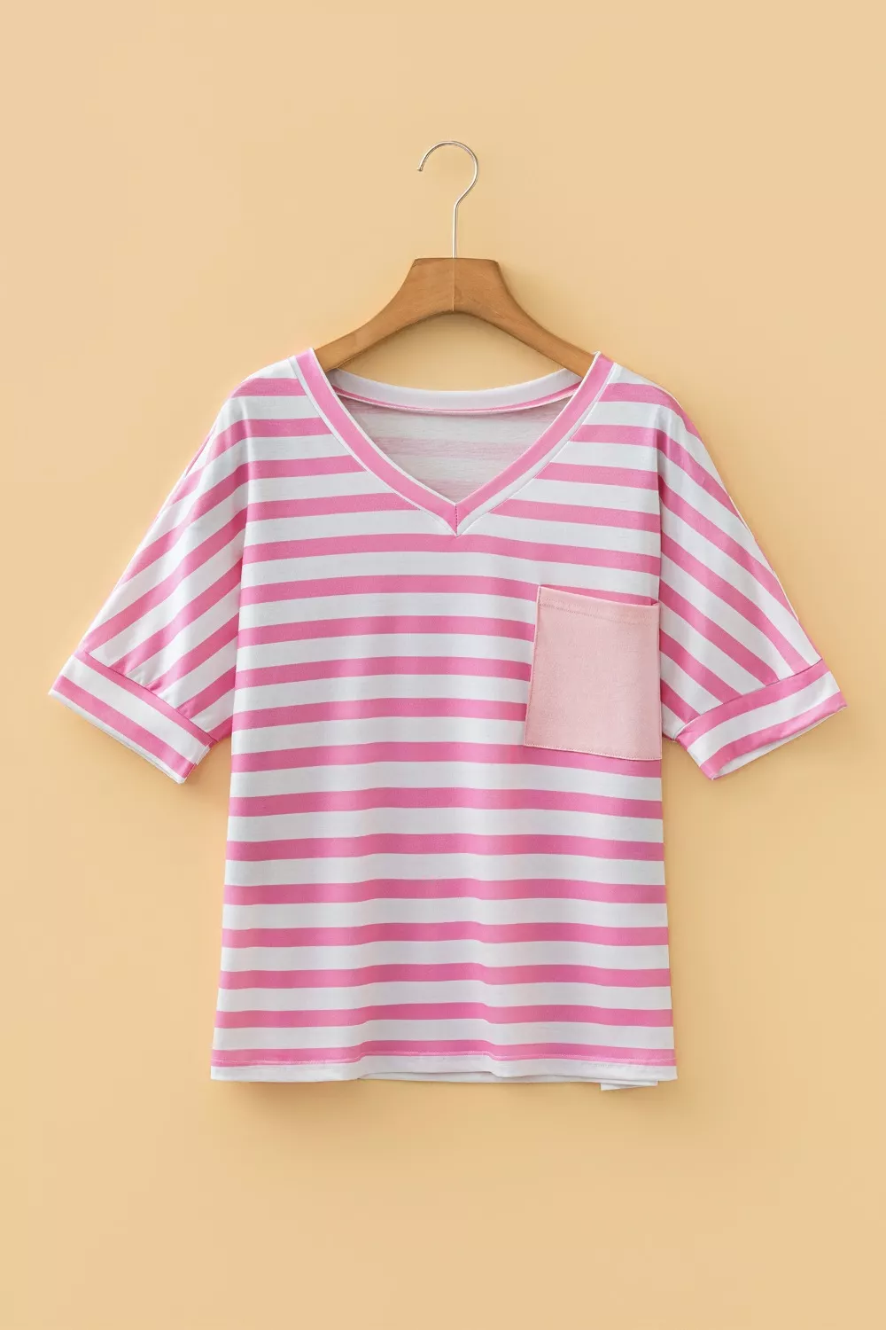 Stripe V Neck Patched Pocket Casual T Shirt, image 9