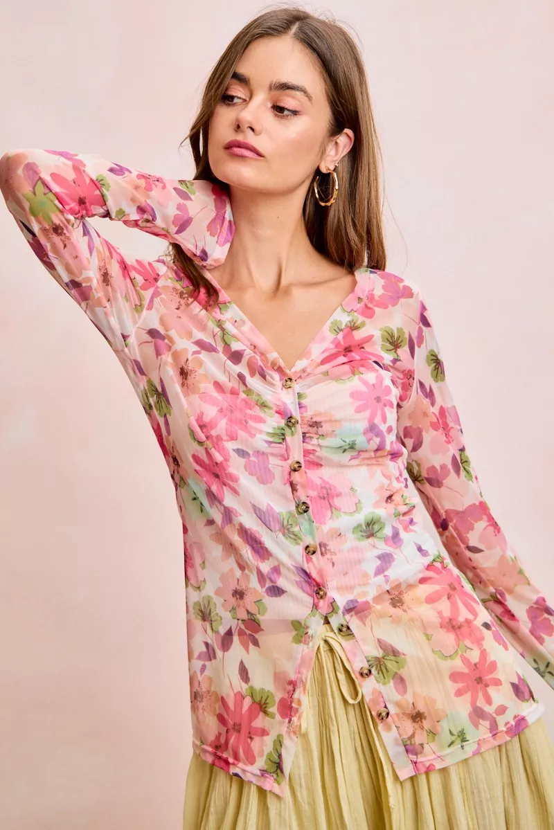 BiBi Floral Shrried Detail Button Up Mesh Cardigan Top, image 12