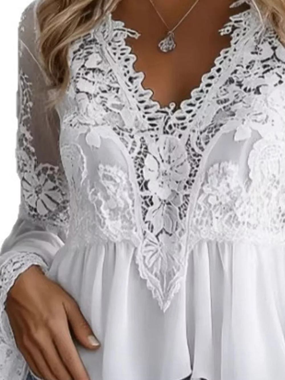 Lace V-Neck Long Sleeve Blouse with Peplum Hem, image 2