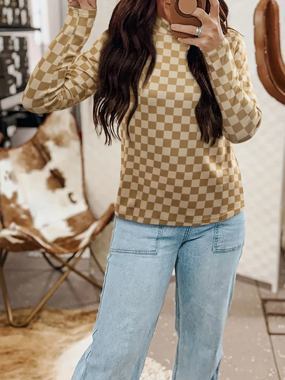 Check Pattern Turtleneck Slim Long Sleeve Tee, image 2