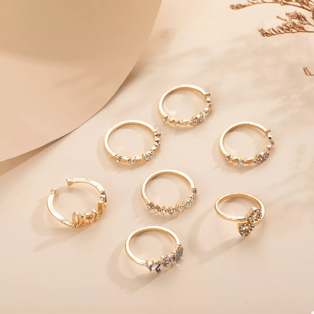 7 Piece 18K Gold-Plated LOVE Zircon Ring Set, image 4