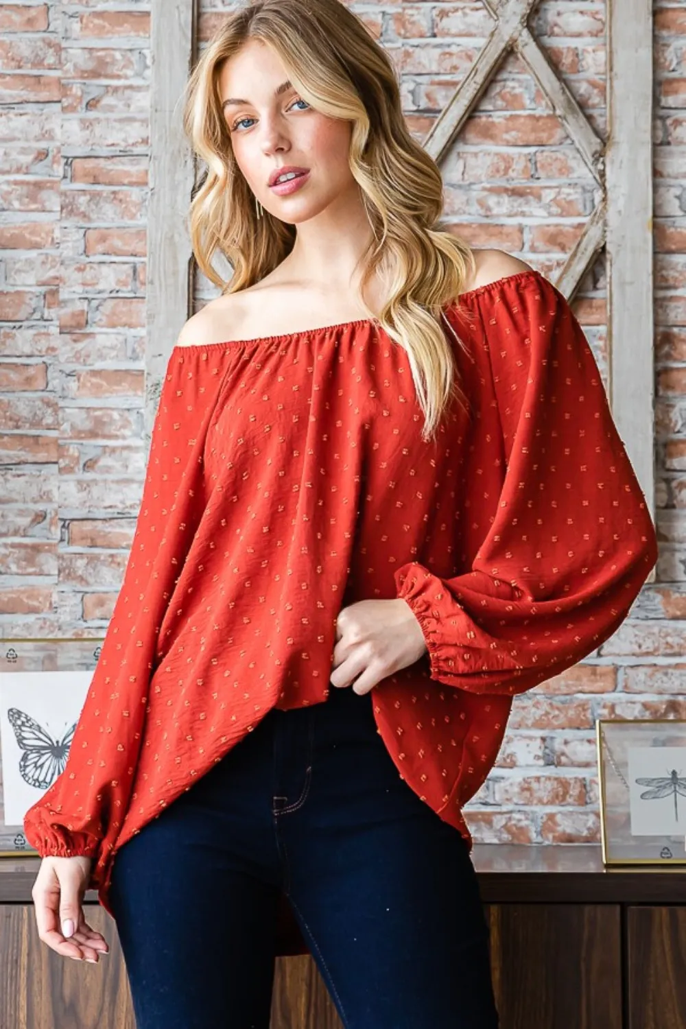 Full Size Swiss Dot Off Shoulder Top, image 4