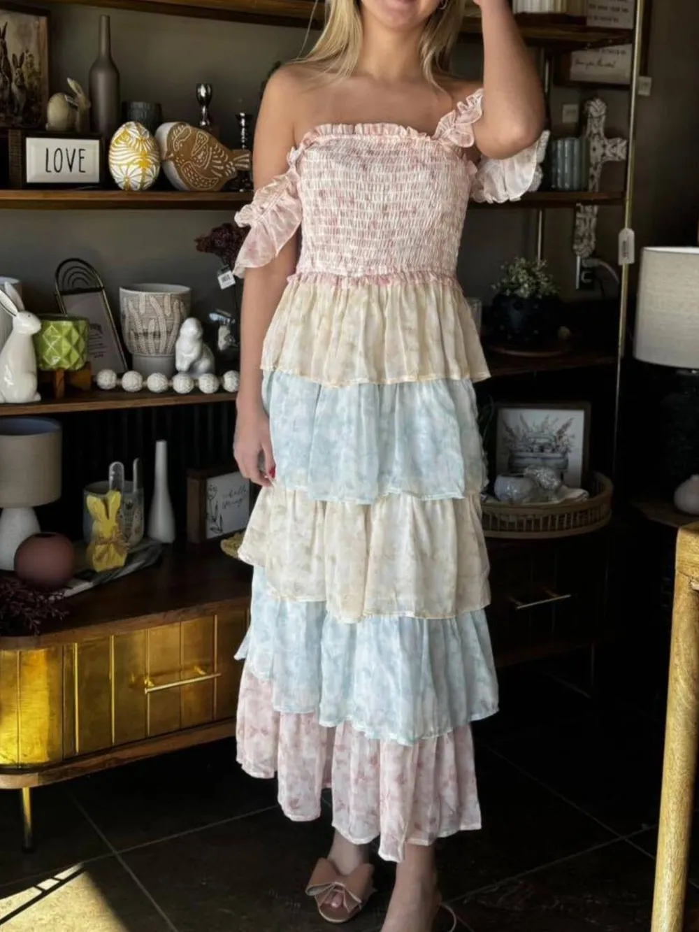 Smocked Ruffle Layered Floral Midi Dress, image 13