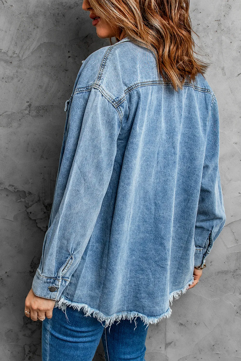 Button Up Pocketed Raw Hem Denim Jacket, image 9