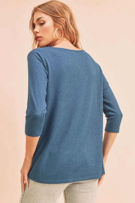 Twist Front Round Neck 3/4 Sleeve T-Shirt, image 3