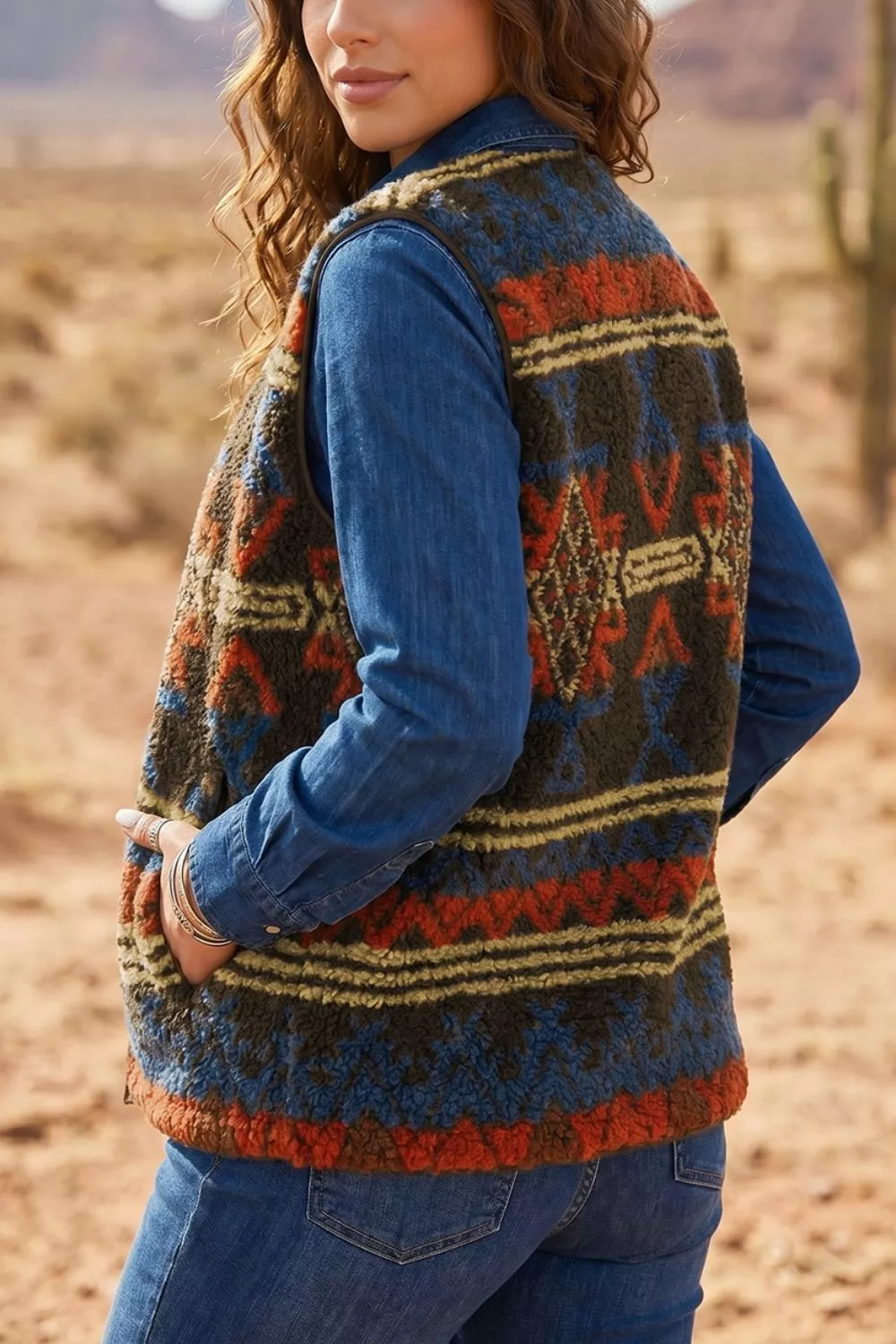 Patterned Fleece Vest Coat, image 2