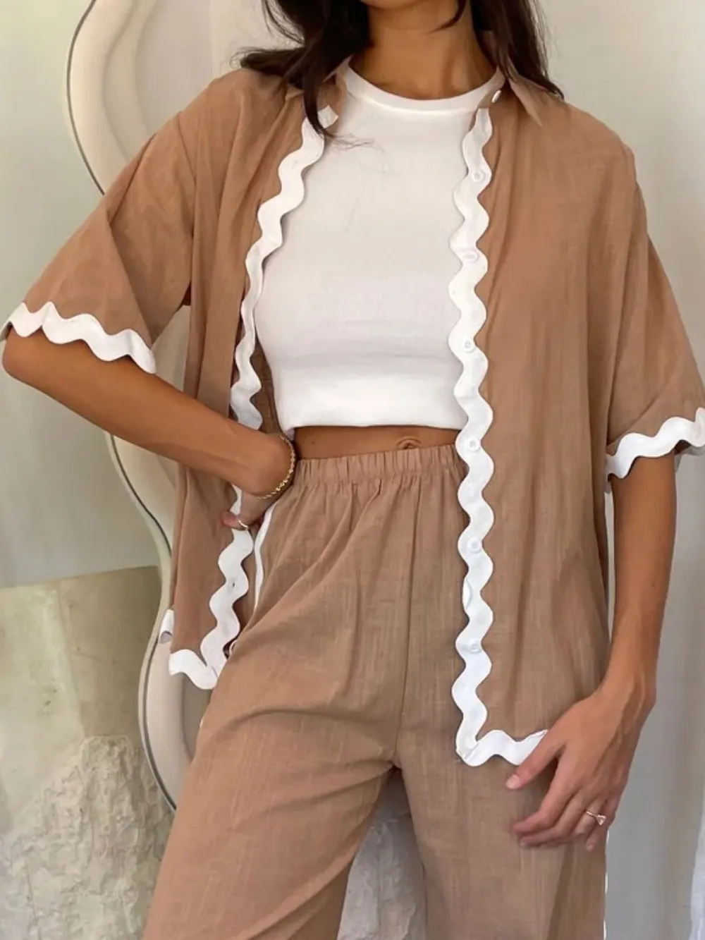 Contrast Trim Half Sleeve Top and Pants Set, image 3