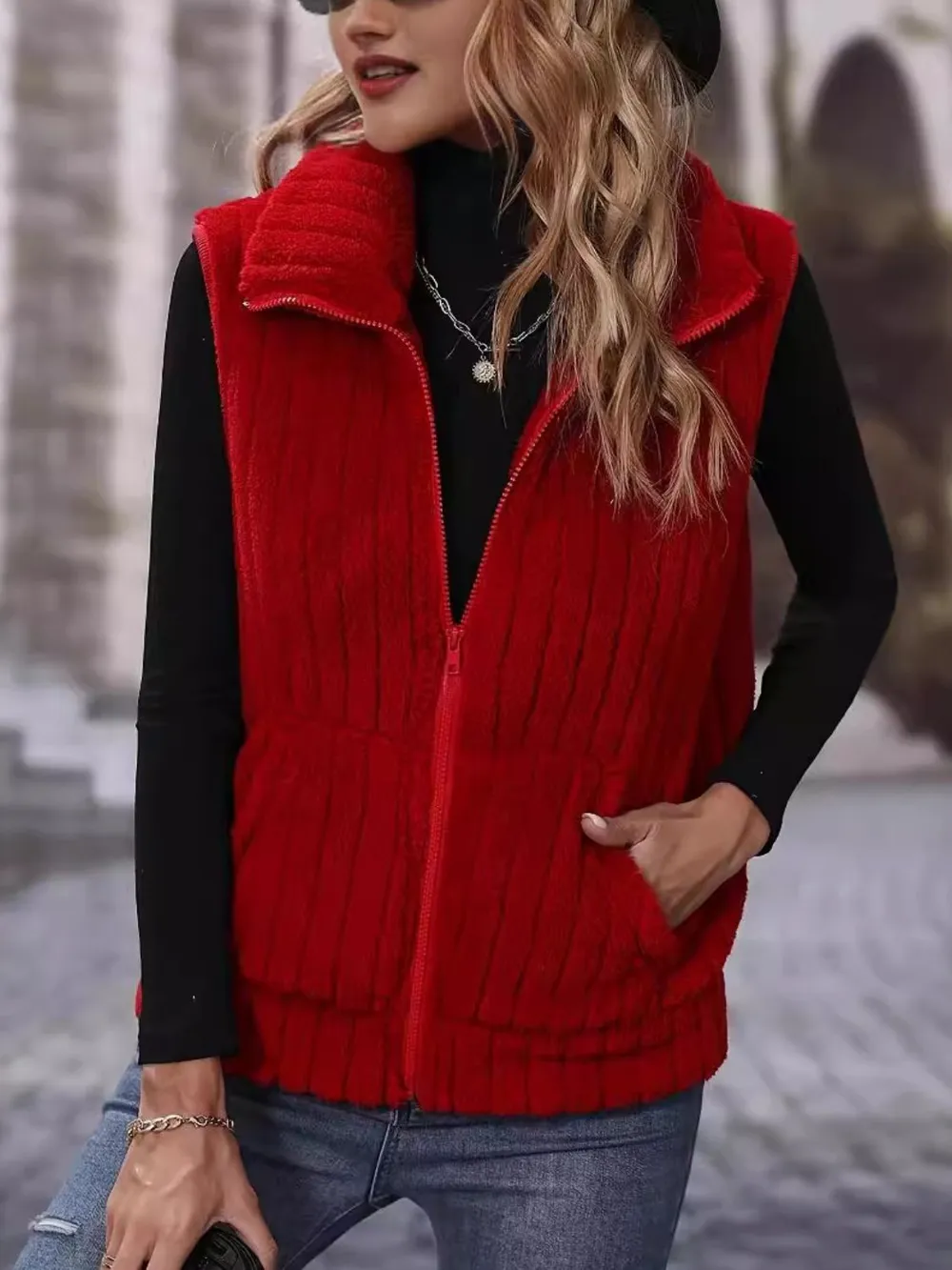 Pocketed Zip Up Vest Coat, image 4