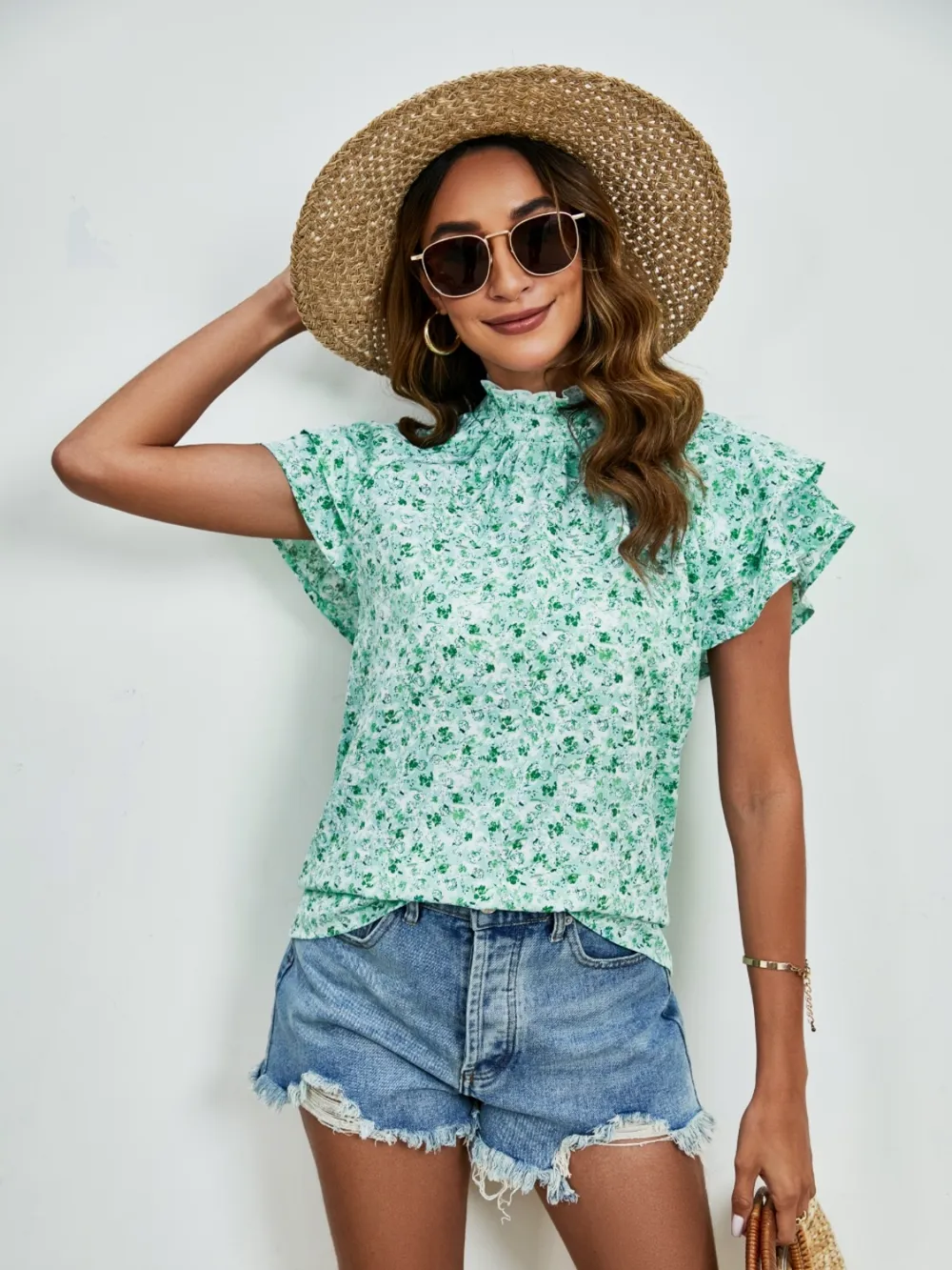 Ditsy Floral Mock Neck Flounce Sleeve Blouse, image 18