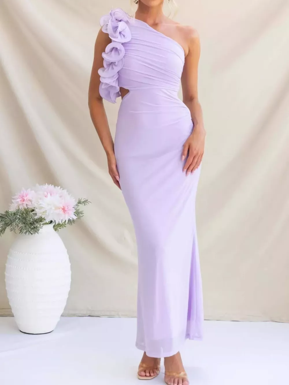 One-Shoulder Floral Trim Sleeveless Maxi Dress, image 23