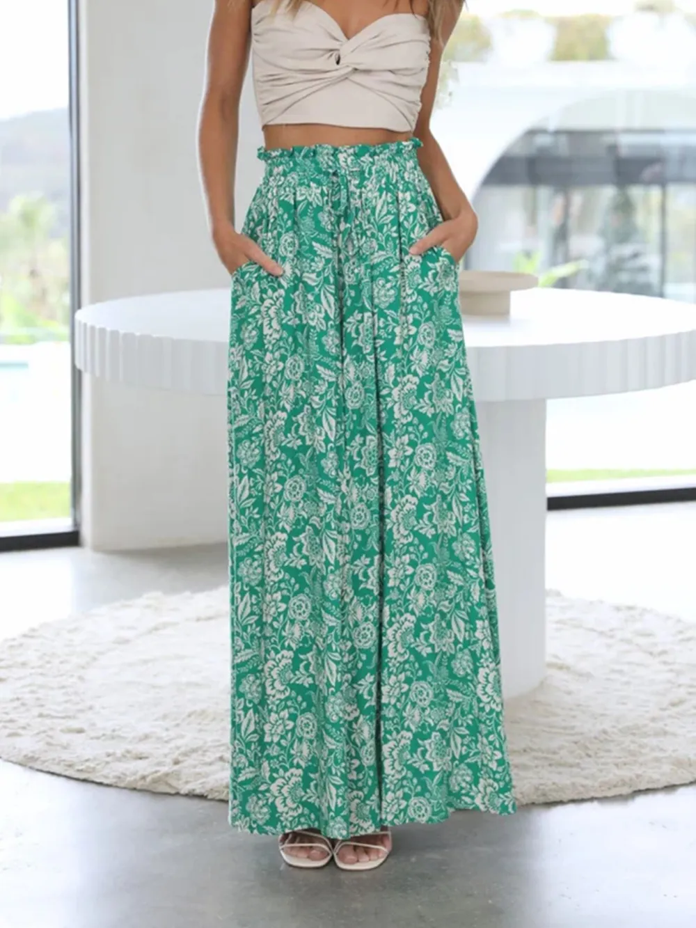 Drawstring Paperbag Waist Printed Wide Leg Pants, image 11