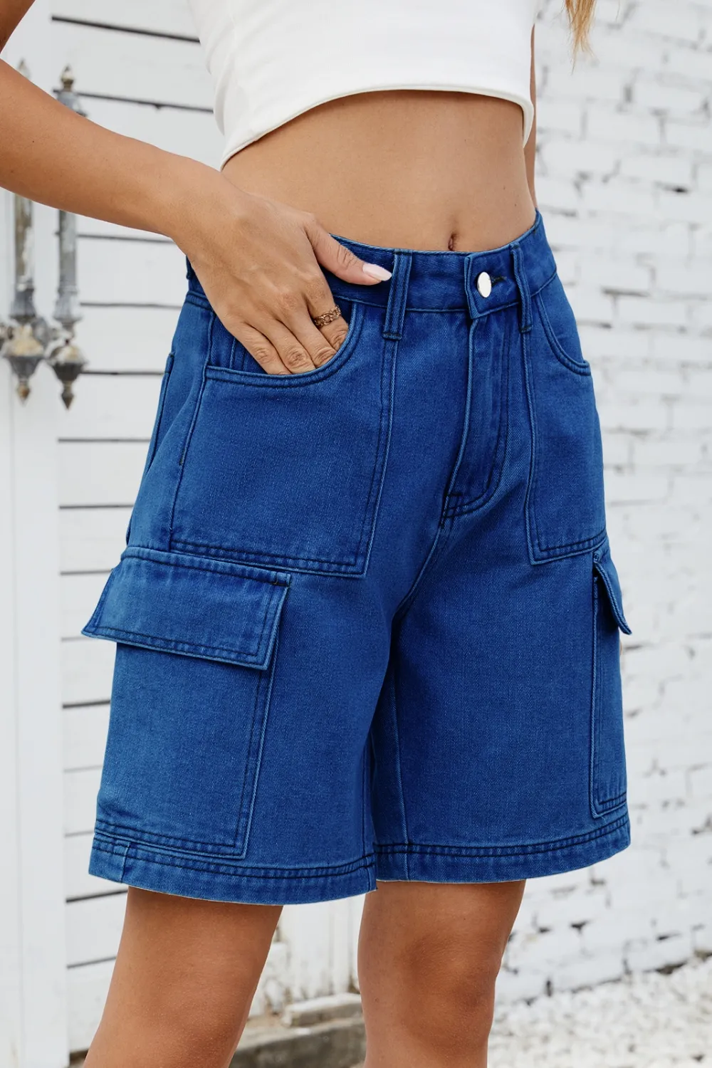 High Rise Denim Shorts with Cargo Pockets, image 9