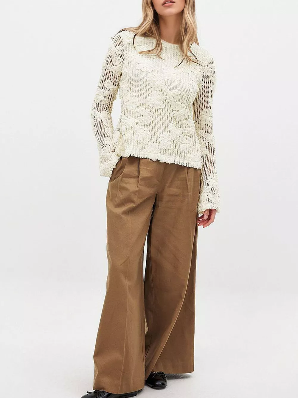 Openwork Tied Back Long Sleeve Blouse, image 6