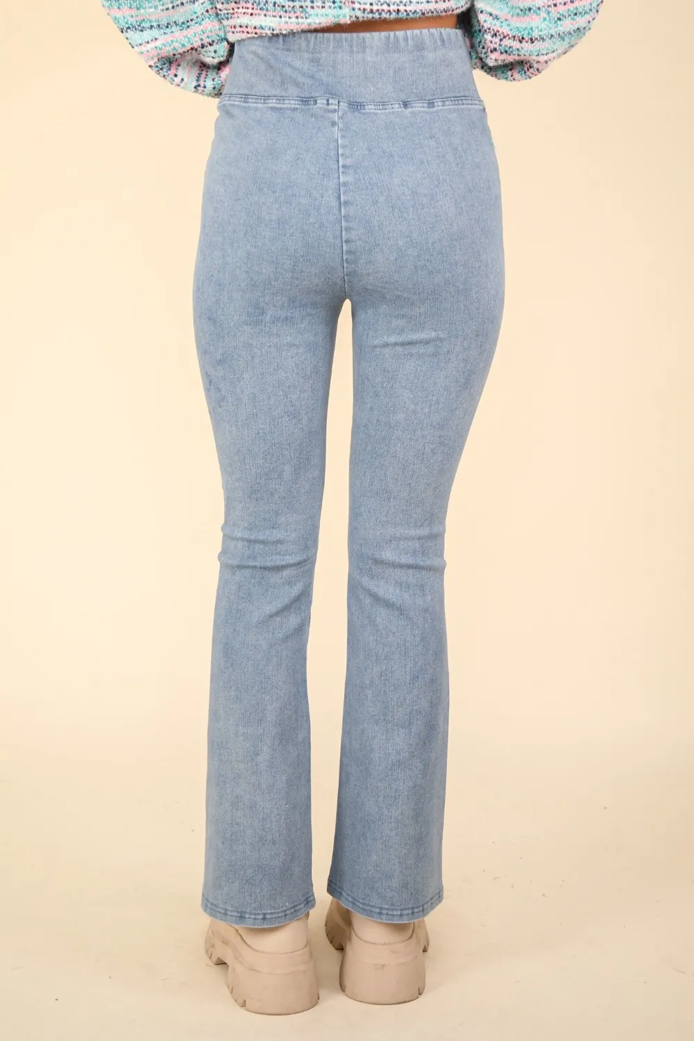 Washed Denim Stretchy Crossover Waist Leggings, image 2
