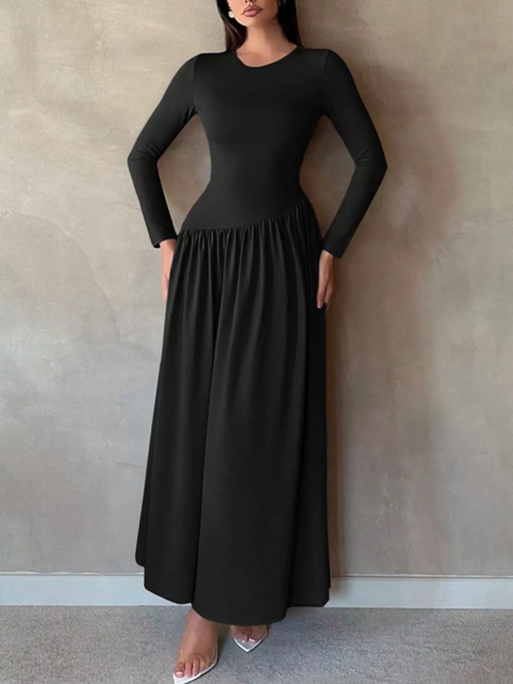 Long Sleeve Ruched A-Line Maxi Dress, image 11