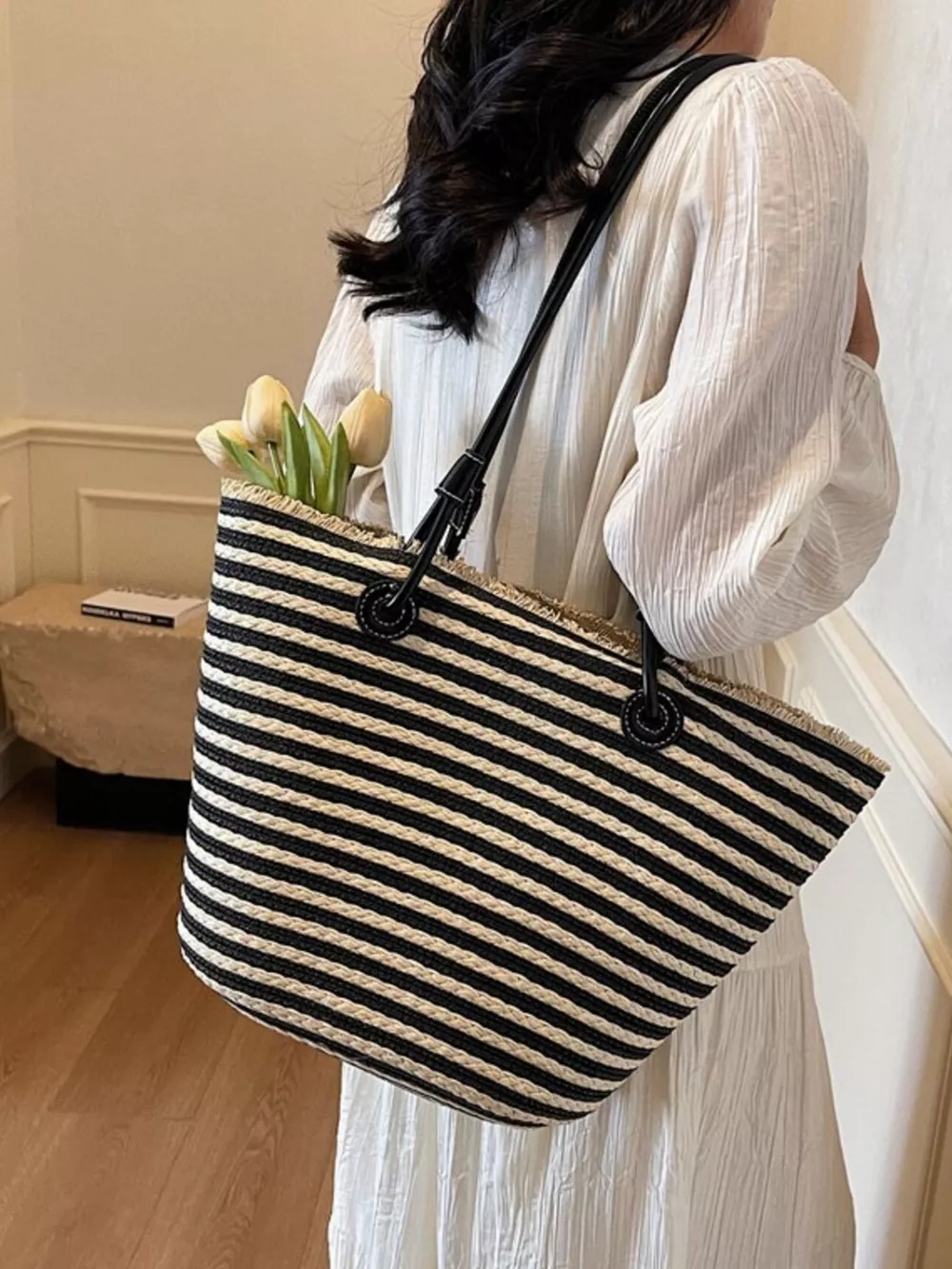 Striped Woven Straw Shoulder Bag, image 5