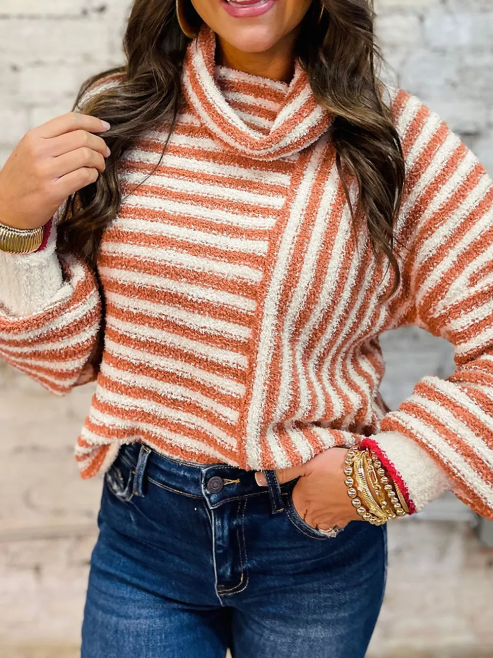Striped Cowl Neck Long Sleeve Sweater, image 3