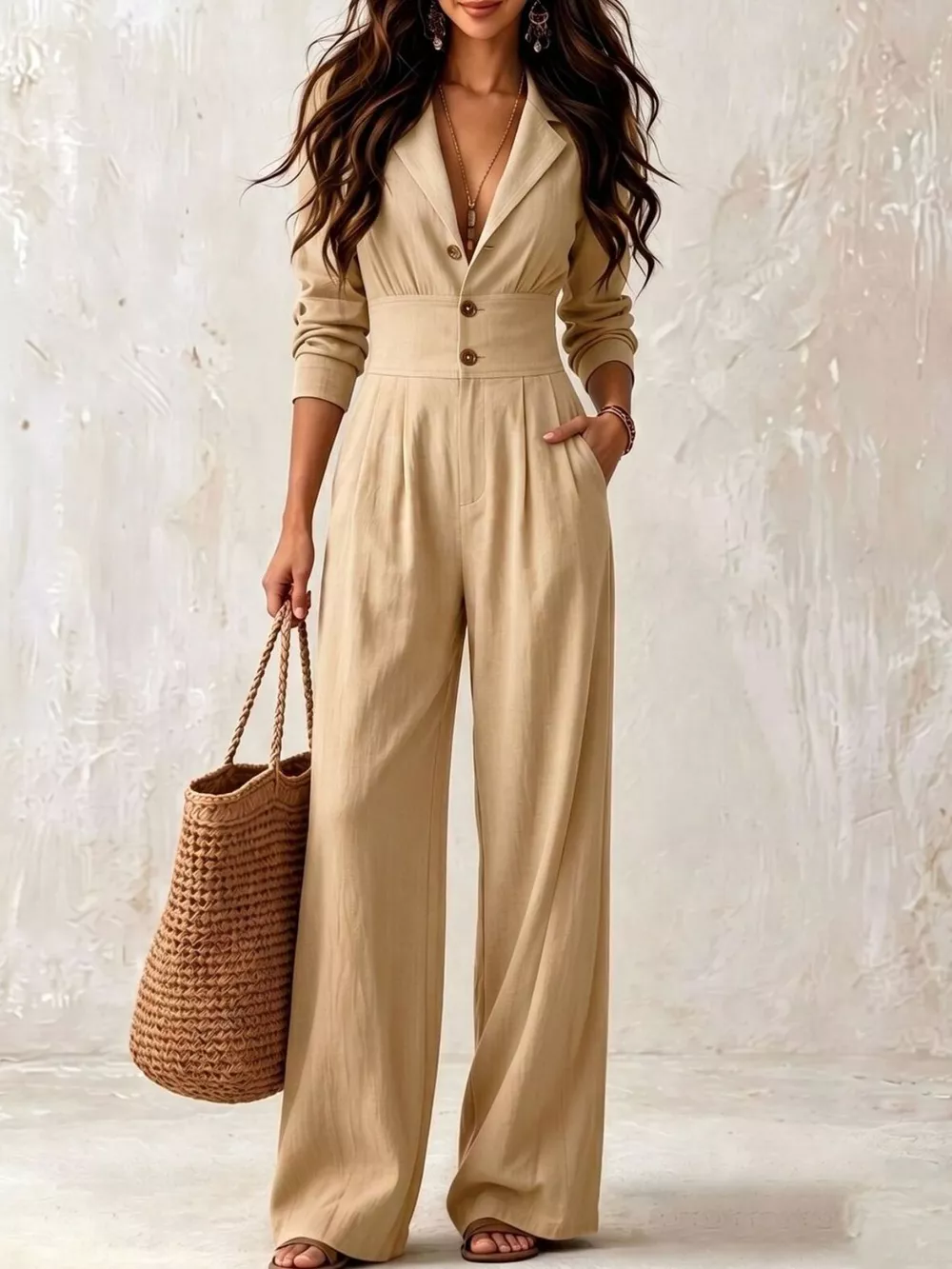 Lapel Collar Button Front Wide-Leg Jumpsuit, image 2