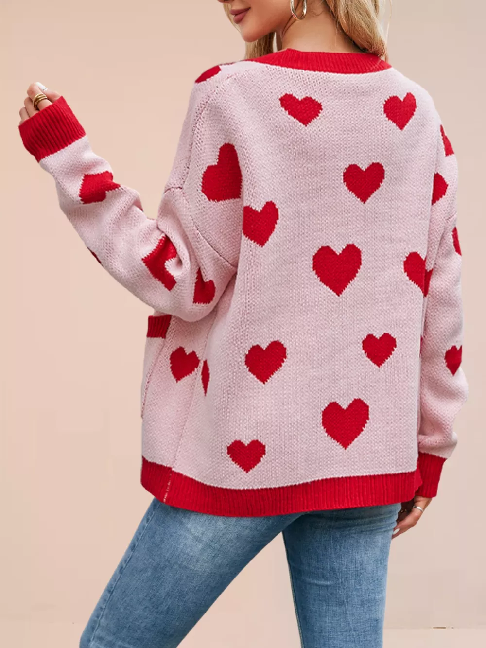 Heart Pattern Button-Up Knit Cardigan, image 6