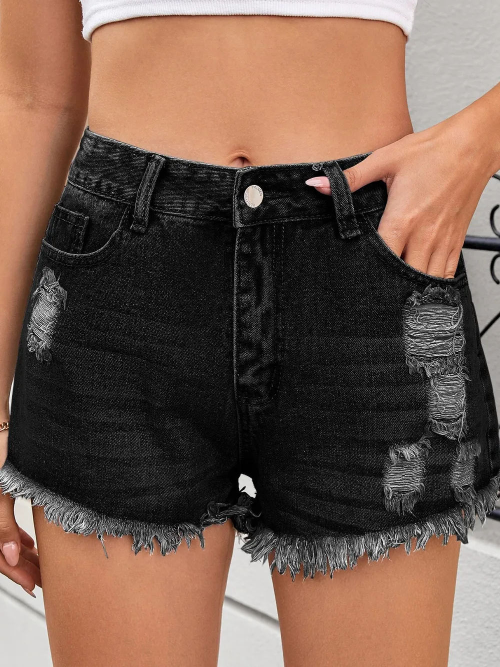 Distressed Raw Hem Denim Shorts, image 9