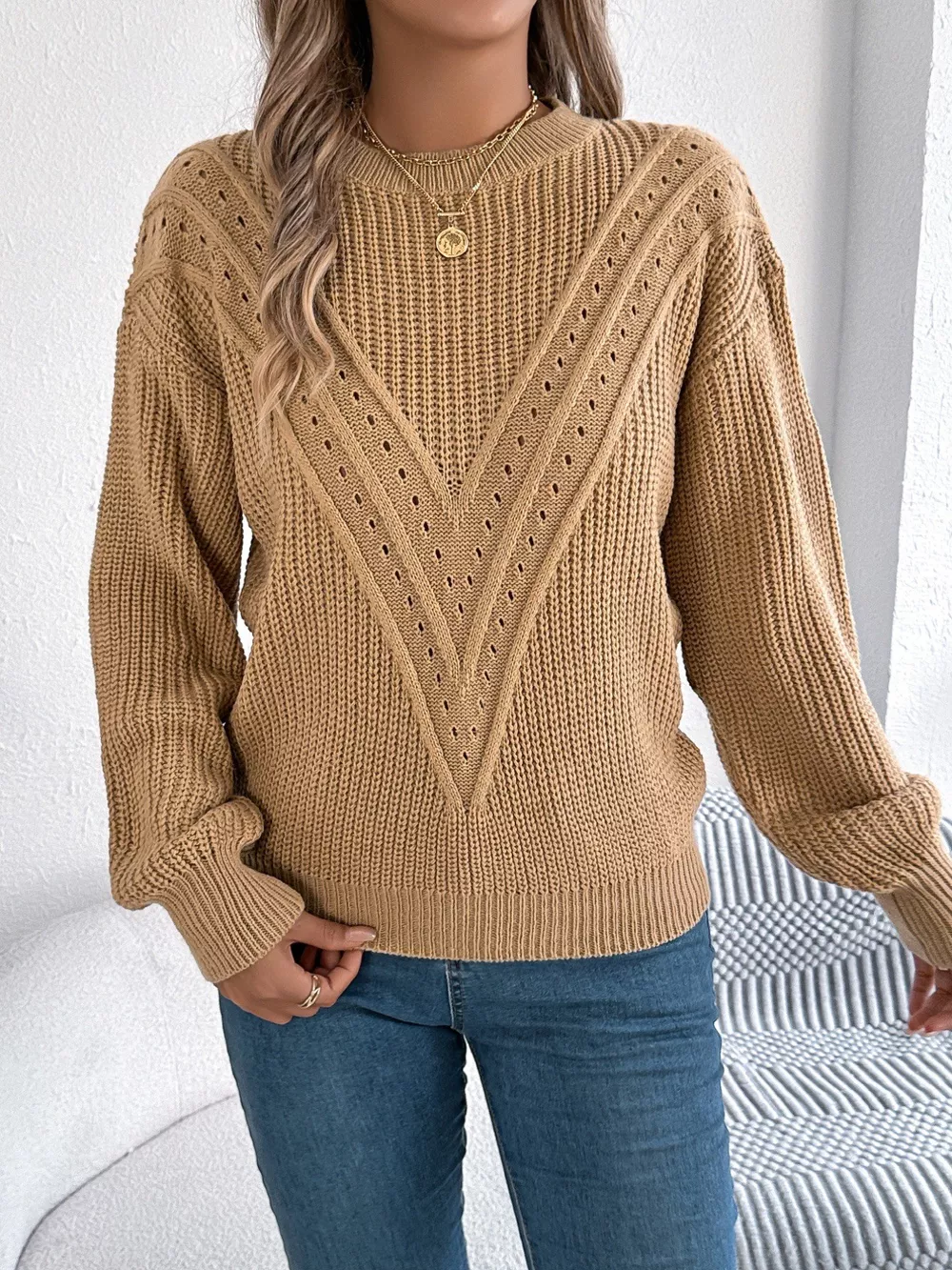 Openwork Round Neck Sweater, image 18